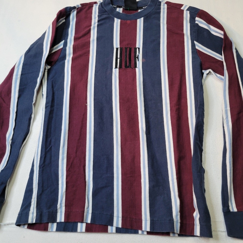 HUF Mens Small Long Sleeve Striped T-Shirt Burgundy Navy Blue Embroidered Logo